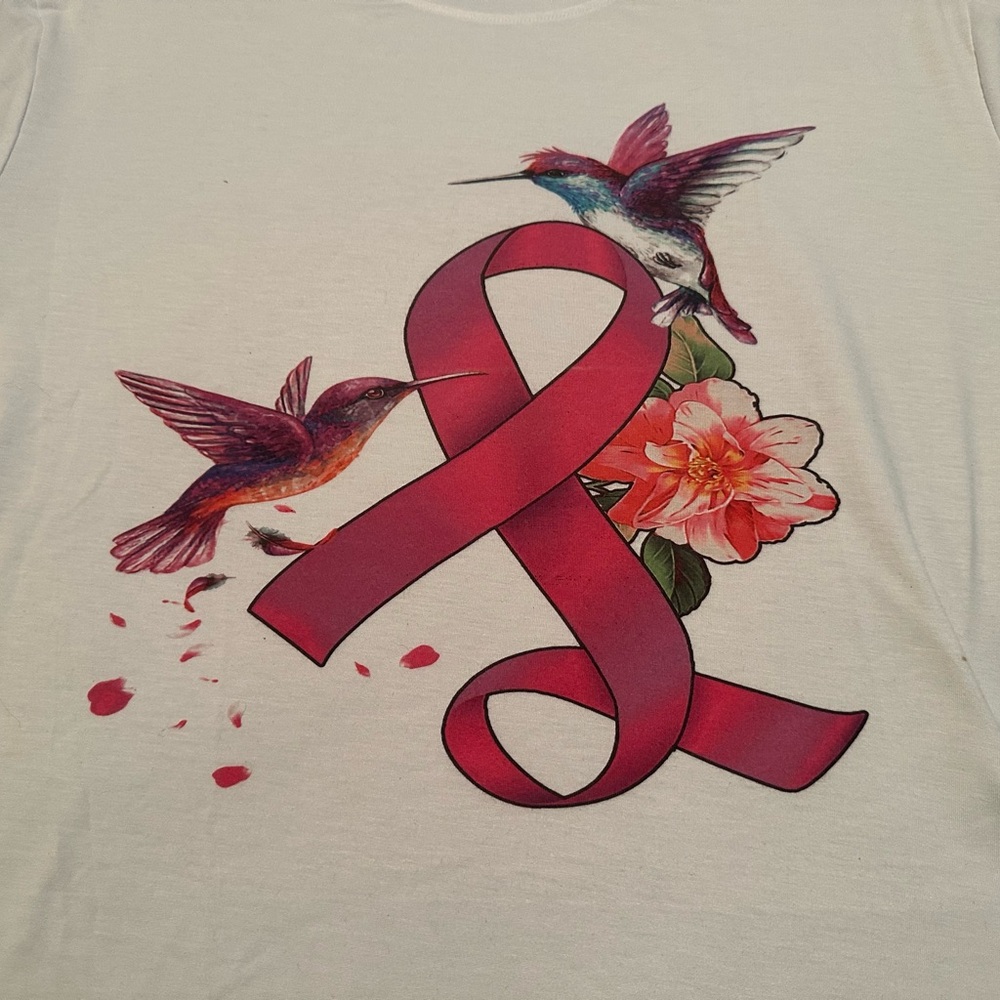 T-shirt with breast cancer ribbon and hummingbird. Size  XL smoke free home